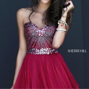 Gorgeous Sherri Hill Dress 1930 Strapless Rhinestone Crystal Mini Ruby Red 2